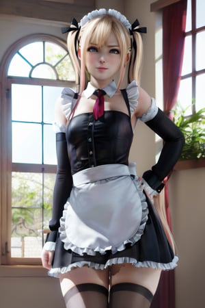  marie rose, maid uniform, indoors, palace, headdress, white thighhighs