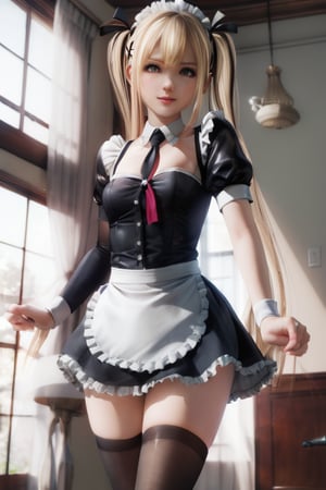  marie rose, maid uniform, indoors, palace, headdress, white thighhighs