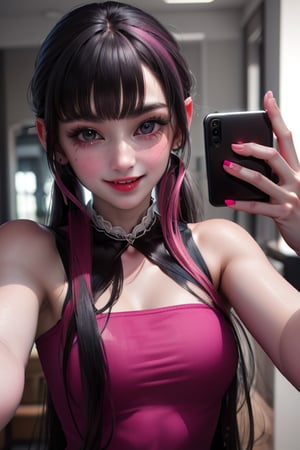 ((masterpiece,best quality)), absurdres, draculaura_mh, pink top, upper body, extremely detailed face, smile, blushing, selfie, holding phone, 