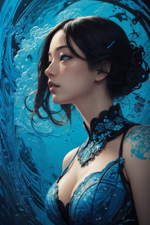(abstract art:1.4),(beautiful and aesthetic), style of Yuko Shimizu, masterpiece, highest quality, absurdres, incredible details, extremely intricate, professional painting, beautiful, visually stunning, gorgeous, 1girl, cleavage, sexy, glowing eyes, glowing blue, deep blue theme, (somber, sad, depressing:0.6), from above