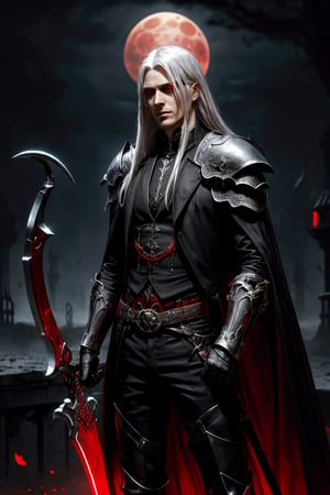 a gorgeous male human necromancer,long silver hair,scythe,bone armor,glowing red eyes, fantasy,dark room,dim light,blood moon,high contrast,best shadow,cinematic lighting, art by Gerard Brom,Alex Maleev,
(best quality, masterpiece, ),