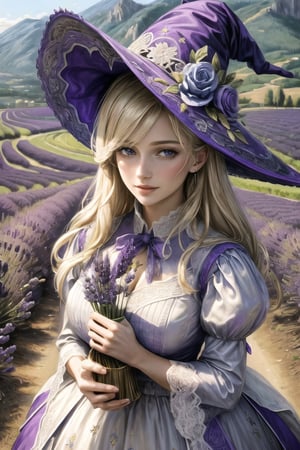 (best quality, masterpiece, colorful, dynamic angle) a beautiful blond witch in the lavender field, witch hat, holding a lavender bouquet in her hands, provence, happy, she loves you, (intricate details, hyperdetailed:1.15, extreme detailed, highest detailed),  