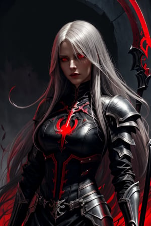 a gorgeous female human necromancer,long silver hair,scythe,bone armor,glowing red eyes, fantasy,dark room,dim light,blood moon,high contrast,best shadow,cinematic lighting, art by Gerard Brom,Alex Maleev,
(best quality, masterpiece, ),