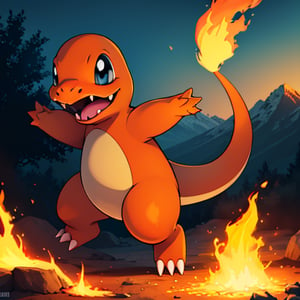 ((masterpiece,best quality)), absurdres,, Charmander_Pokemon,   flame-tipped tail, pokemon_\(creature\),full_body, facing viewer, looking at viewer,embers, explosion, fangs, swirling flames,mountain, nature, no_humans,  outdoors,  sky, tree