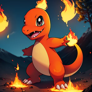 ((masterpiece,best quality)), absurdres,, Charmander_Pokemon,   flame-tipped tail, pokemon_\(creature\),full_body, facing viewer, looking at viewer,embers, explosion, fangs, swirling flames,mountain, nature, no_humans,  outdoors,  sky, tree