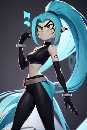 ((masterpiece,best quality)), absurdres,  , Ember_McLain_Danny_Phantom, pony tail, aqua hair,smug, goth, big belt, blue fire and music notes in background, cinematic composition, dynamic pose,3DMM