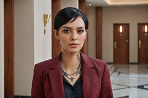 In a sleek hotel lobby, a hyper-realistic Arab woman stands tall, her short hair a precise, razor-cut frame. She wears a fitted black suit and crisp red button-up shirt, accentuating her toned physique. Her skin texture is so detailed it appears almost three-dimensional, with subtle pores and natural undertones. As a female bodyguard, she exudes confidence, her hands crossed in front of her, clutching a pistol at the ready. A striking neck tattoo adds to her enigmatic aura. Her facial expression is intense, a Kubrick-esque stare that conveys unwavering focus and authority, as if daring anyone to test her resolve.
