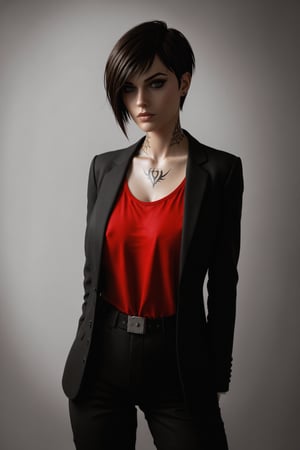 In a sleek hotel lobby, a hyper-realistic Arab woman stands tall, her short hair a precise, razor-cut frame. She wears a fitted black suit and crisp red button-up shirt, accentuating her toned physique. Her skin texture is so detailed it appears almost three-dimensional, with subtle pores and natural undertones. As a female bodyguard, she exudes confidence, her hands crossed in front of her, clutching a pistol at the ready. A striking neck tattoo adds to her enigmatic aura. Her facial expression is intense, a Kubrick-esque stare that conveys unwavering focus and authority, as if daring anyone to test her resolve.
