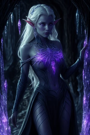 In a mystical cave, a stunning drow matron with vibrant white locks cascading down her back stands amidst an otherworldly underground landscape, framed by the eerie luminescence of glowing crystals. Her delicate collar and dangling earrings catch the soft, ethereal light as she poses, her pointed elf ears and mesmerizing purple eyes sparkling in harmony with the environment's enchantment. The spider motifs adorning her spiderweb dress seem to pulse with an inner light, as her dark grey skin appears almost luminescent against the dark backdrop, radiating a sense of power and maturity. hyper-realistic, hyper-detailed, detailed skin texture,