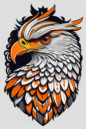 Tribal Spirit animals: tribal art, featuring a intricately detailed spirit animal hawk. cute, powerful, mysterious, high contrast, The design incorporates geometric patterns and bold linework to create a striking and powerful composition. Black background, 8k, ready to print illustration of hand drawn hawk, simple vector, black white orange, few colors and many shades, clean and sharp lines