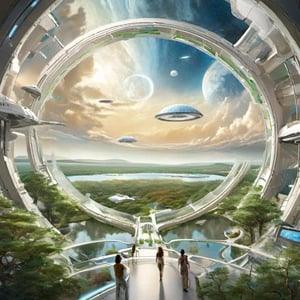 Artwork of a giant Space Habitat Interior, Stanford Thorus space habitat interior. lakes, trees, streets, clouds inside a space habitat, aerial view, i see the curvature of the habitat,science fiction, giant windows on the outside space 