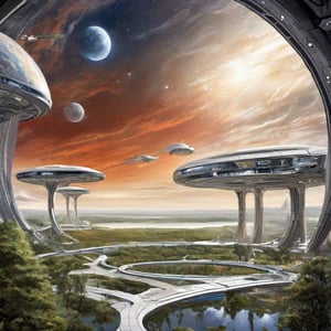 Artwork of a giant Space Habitat Interior, Stanford Thorus space habitat interior. lakes, trees, streets, clouds inside a space habitat, aerial view, i see the curvature of the habitat,science fiction, giant windows on the outside space ,blood and black,Movie Still
