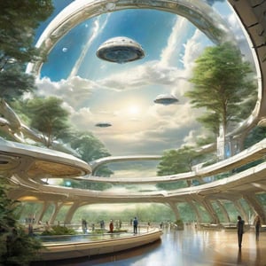 Artwork of a giant Space Habitat Interior, Stanford Thorus space habitat interior. lakes, trees, streetsm, clouds inside a space habitat, panoramic view, i see the curvature of the habitat,science fiction