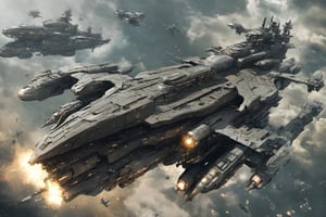 Armored space battleship, ww2 battleship refitting, huge cannons, Mecha, Sci Fi, orbiting, space dock, futuristic warship