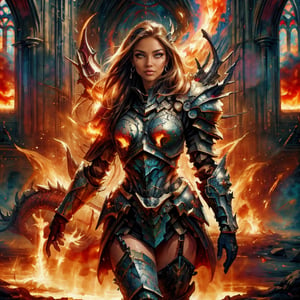 (best quality, masterpiece, colorful, raw photo, dynamic angle, highest detailed, hyper realistic, watercolor painting), beautiful deamon girl in chaos armor, garter, and boots standing in a cathedral made of dragons and fire, cowboy shot