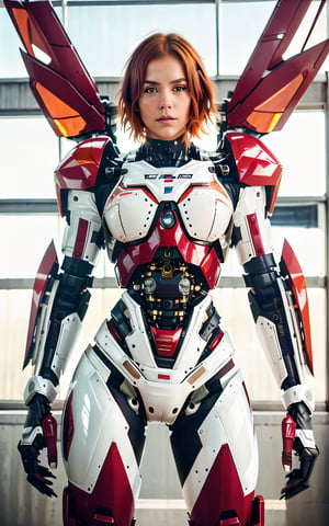 masterpiece, best quality, 8k, photo of a beautiful (woman wearing a huge mecha suit:1.0), ((white:1.2) and (red:0.9) colour suite),  (short buzzcut auburn hair:1.3), detailed skin texture, BREAK, posing for a picture at the office, photorealistic, highly detailed, windblow, defocus photo, sharp background, real life lighting, highlights, bright instagram LUT, super_mecha