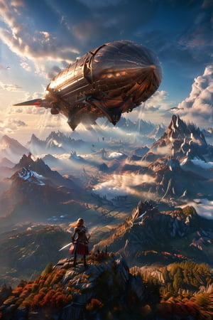 masterpiece, best quality, highres, (photo realistic:1.4), ((A airship flying over the  mountains that covered in a sea of clouds)), (The back view of a  girl with sword standing at the top of a mountain), (she fighting pause), dynamic pose, The landscape turns red in the evening sun, sunlight is creating shadows,8 life size, 8K resolution, high detail, concept art, smooth,
