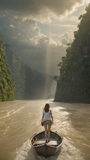 (best quality, highres, masterpiece:1.2), ultra-detailed, photorealistic, A boat going down a large river in the jungle,  the back view of a girl, 1girl, She is standing on a boat , (spread arms:1.3), dynamic pose, wearing hot pants and a white t-shirt,The boat is going down towards the river mouth, The boat has camping luggage on board, (Many streaks of light from between the clouds),Movie Still