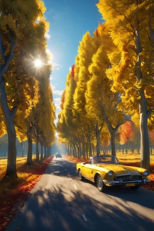 masterpiece, best quality, High resolution, Photorealism, Autumn poplar tree avenue, Poplar leaves shine in the autumn setting sun, (oblique rays), ((The road is all yellow with fallen  poplar leaves)), blue sky, ((A red convertible  car coming towards us along a row of poplar trees)),The sun's rays are shining on a red convertible car from the side, ,FFIXBG,no_humans,car,Renaissance Sci-Fi Fantasy