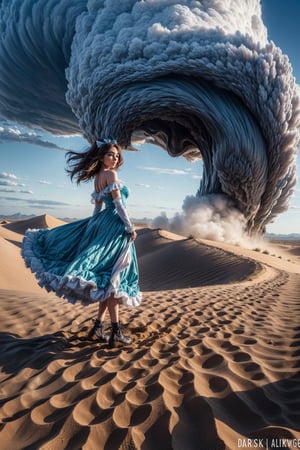 Masterpiece, top quality, high resolution, A beautiful woman, 25yr old, brown hair, nice perfect face, wearing a dress, She is standing at the desert, (((A large amount of sand dust is flying around her body))), ((The skyn  is full of dark clouds)), (((In the background big tornado is extending from dark clouds to the desert)), Her hair and dress are fluttering in the wind, ,1girl,honoka,magical girl