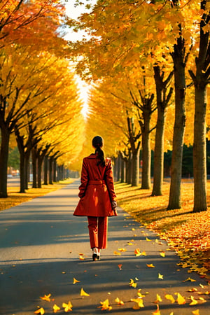 masterpiece, best quality, High resolution, Photorealism,pan focus, A road lined with yellow ginkgo trees, glistening in the autumn setting sun, Ginkgo leaves shine in the autumn setting sun, The road is all yellow with fallen ginkgo leaves, Small back view of a woman wearing red clothes, She is walking along the avenue lined with ginkgo trees,