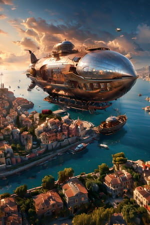 masterpiece, best quality, highres, photo realistic, ((1 small Airship)), (The Airship is flying over the Italian port town), An aerial view of a coastal town in Italy, sunset view, There are many houses with brown tiled roofs in the town, (((The viewer is looking from above, so the airship looks very small))), Ultra wide angle lens angle,Renaissance Sci-Fi Fantasy,more detail XL