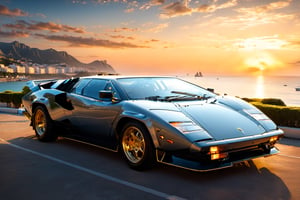 Masterpiece, top quality, high resolution, Lamborghini Countach LP400, oblique back view, parking by the sea, setting sun,  Sunset sky reflection on car body, Wide-angle lens depiction, ((A woman is standing next to the Countach)). ,Car,BBYORF,Renaissance Sci-Fi Fantasy