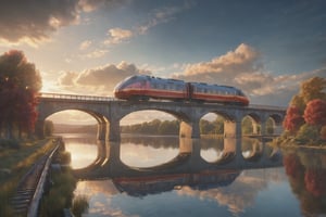 masterpiece, best quality, High resolution, (((A running train ))), ((Side view of train and bridge)),　The train is crossing a bridge over a lake without waves,  The bridge and train are clearly reflected in the mirror-like surface of the lake, The sky is sunset, The clouds are red,