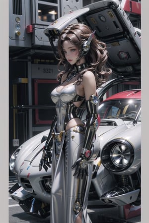 masterpiece, best quality, A cyborg woman, 20yr old, clean and very detailed faces and hands, beautiful brown heir, she's standing at her office,  ((wearing white dress)), ((cyborg)),  fine details of clothing, Smooth body lines, robotic parts, robotic hands, vibrant details, hyper realistic, anatomical, cable electric wires, microchip, elegant, sun light from window, hyper realistic concept, 8k resolution,mecha,car