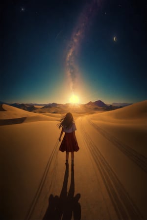 Masterpiece, top quality, high resolution,Another world, Back view of a girl walking alone in a desert-like place in Arizona, The Andromeda Galaxy is floating in the blue sky, 8 life size, 8K resolution,  high detail, concept art, smooth, quality of Photographs,
