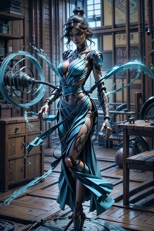 masterpiece, best quality, A cyborg woman, 30yr old, full body, clean and very detailed faces and hands, beautiful brown heir, she's standing at her office, ((cyborg)), ((blue metallic luster body)), fine details of clothing, Smooth body lines, ((wearing blue satin long dress)), robotic parts, robotic hands, vibrant details, hyper realistic, anatomical, cable electric wires, microchip, elegant, sun light from window, hyper realistic concept, 8k resolution,biopunk style,mecha,rototech,BBYORF,yushui