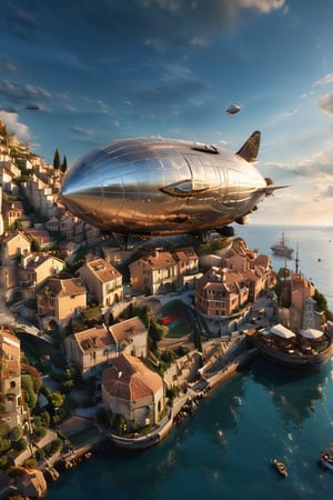 masterpiece, best quality, highres, photo realistic, ((1 small Airship)), (The Airship is flying over the Italian port town), An aerial view of a coastal town in Italy, Evening view, There are many houses with brown tiled roofs in the town, (((The viewer is looking from above, so the airship looks very small))), Ultra wide angle lens angle,Renaissance Sci-Fi Fantasy,more detail XL