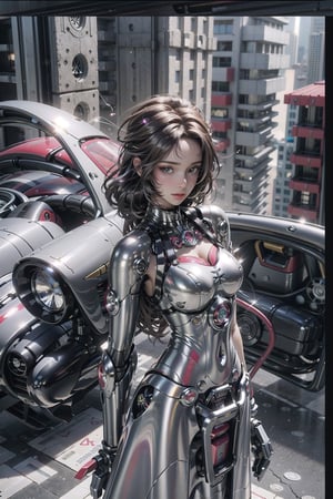 masterpiece, best quality, A cyborg woman, 20yr old, clean and very detailed faces and hands, beautiful brown heir, she's standing at her office,  ((wearing white dress)), ((cyborg)),  fine details of clothing, Smooth body lines, robotic parts, robotic hands, vibrant details, hyper realistic, anatomical, cable electric wires, microchip, elegant, sun light from window, hyper realistic concept, 8k resolution,mecha,car