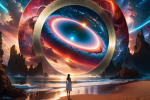 masterpiece, best quality, High resolution, evening on the beach , beautiful red sunset clouds, The giant disk is ((standing perpendicular to the ground)), ((Pictures of galaxies and stars in outer space are drawn on the surface of the disk)) Angle looking into the disk from the front, The rim of the disk is silvery metal, disk,  (Back view of a girl in a white summer dress standing in front of the disk), She's looking in the disk, great photo quality, more detail XL,Renaissance Sci-Fi Fantasy,6000
