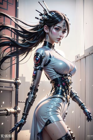 masterpiece, best quality, A cyborg woman, 20yr old, clean and very detailed faces and hands, beautiful brown heir, she's standing at her office,  ((wearing white dress)), ((cyborg)),  fine details of clothing, Smooth body lines, robotic parts, robotic hands, vibrant details, hyper realistic, anatomical, cable electric wires, microchip, elegant, sun light from window, ,mecha,underwear,girl