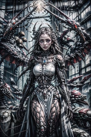 masterpiece, best quality, A cyborg woman, 20yr old, clean and very detailed faces and hands, beautiful brown heir, she's standing at her office,  ((wearing white dress)), ((cyborg)),  fine details of clothing, Smooth body lines, robotic parts, robotic hands, vibrant details, hyper realistic, anatomical, cable electric wires, microchip, elegant, sun light from window, hyper realistic concept, 8k resolution,mecha,car,More Detail,dragon ear,horror