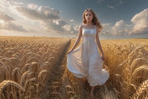 masterpiece, best quality, High resolution, Angle of view of wide-angle lens, Photorealism, A beautiful woman, 20yr old, full body, Beautiful and realistic eyes. Caucasian, beautiful light brown medium length hair, wearing a ((white summer dress)), She is walking down a path through a field of wheat that is heavily ripened, The wheat fields shone golden in the afternoon sun, Her hair and the hem of her skirt are fluttering in the wind, Many angel ladders are descending from between the clouds.Many angel ladders are descending from between the clouds. Realism,Renaissance Sci-Fi Fantasy,Sexy
