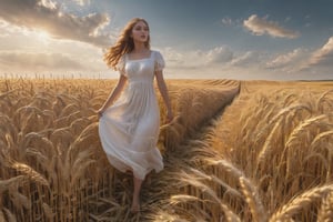 masterpiece, best quality, High resolution, Angle of view of wide-angle lens, Photorealism, A beautiful woman, 20yr old, full body, Beautiful and realistic eyes. Caucasian, beautiful light brown medium length hair, wearing a ((white summer dress)), She is walking down a path through a field of wheat that is heavily ripened, The wheat fields shone golden in the afternoon sun, Her hair and the hem of her skirt are fluttering in the wind, Many angel ladders are descending from between the clouds.Many angel ladders are descending from between the clouds. Realism,Renaissance Sci-Fi Fantasy,Sexy