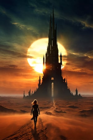 (best quality, highres, masterpiece:1.2), ultra-detailed, photorealistic, a cyborg girl is walking away, an alien desert, a towering alien structure in the distance, (((The tower has a large disc-shaped on top))), sunset. The sun is setting behind the tower,Star,Renaissance Sci-Fi Fantasy,photo r3al,High Renaissance,science fiction,jyutaku,DonMn1ghtm4reXL