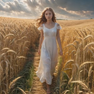masterpiece, best quality, High resolution, Angle of view of wide-angle lens, Photorealism, HDR photo, A beautiful woman, 20yr old, full body, Beautiful and realistic eyes. Caucasian, beautiful light brown medium length hair, wearing a ((white summer dress)), She is walking down a path through a field of wheat that is heavily ripened, The wheat fields shone golden in the afternoon sun, Her hair and the hem of her skirt are fluttering in the wind, Many angel ladders are descending from between the clouds.Many angel ladders are descending from between the clouds. Realism,Renaissance Sci-Fi Fantasy