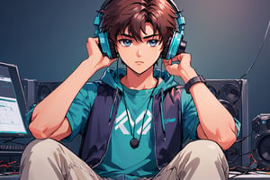 coder sitting with his bi headphones with mic on anime style, looking-at-viewer 4k hd wallpaper, instagram username zindha