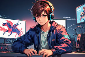 coder sitting with his bi headphones with mic on anime style, looking-at-viewer 4k hd wallpaper,