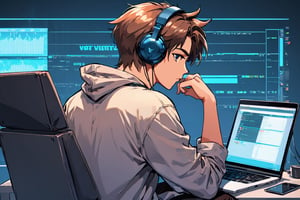 coder sitting and laptop backside with his bi headphones with mic on anime style, looking-at-viewer 4k hd wallpaper,