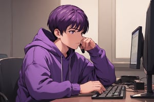 anime style , center, a man wearing a purple hoodie is sitting in front of a computer, holding a microphone in front of him. To the right of the man