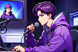 anime style, center, a man wearing a purple hoodie is sitting in front of a computer, holding a microphone in front of him. To the right of the man
