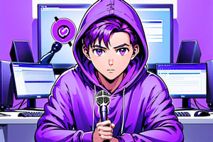 anime style, center, a man wearing a purple hoodie is sitting in front of a computer, holding a microphone in front of him. To the right of the man
Negative prompt: anime, cartoon, graphic, text, painting, crayon, graphite, abstract, glitch, deformed, mutated, ugly, disfigured