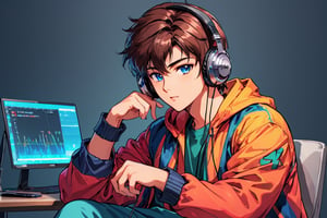 coder sitting with his bi headphones with mic on anime style, looking-at-viewer 4k hd wallpaper, includ background text (MasterPiece_Mindset)