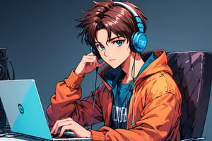 coder sitting and laptop frontside with his bi headphones with mic on anime style, looking-at-viewer 4k hd wallpaper,