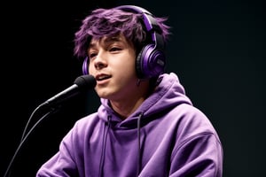 a anime boy  and headset in a purple hoodie wearing mask is sitting in front of a microphone