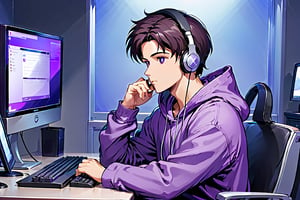 anime style, center, a man wearing a purple hoodie is sitting in front of a computer, a headset and mic in front facing of him.